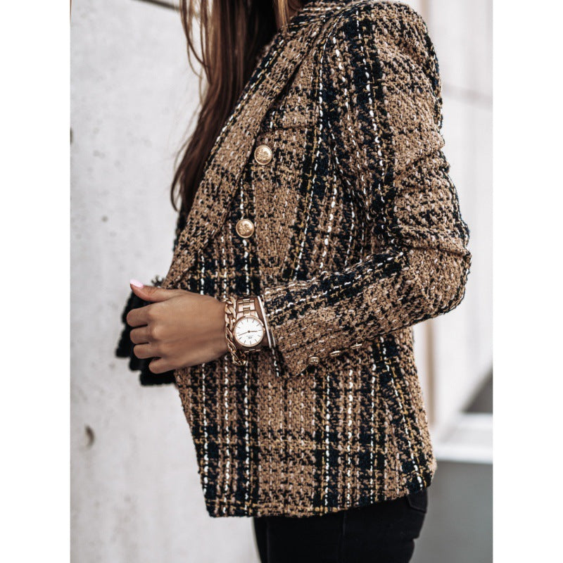 Women's Checkered Blazer with Gold Buttons and Textured Fabric NOVAE