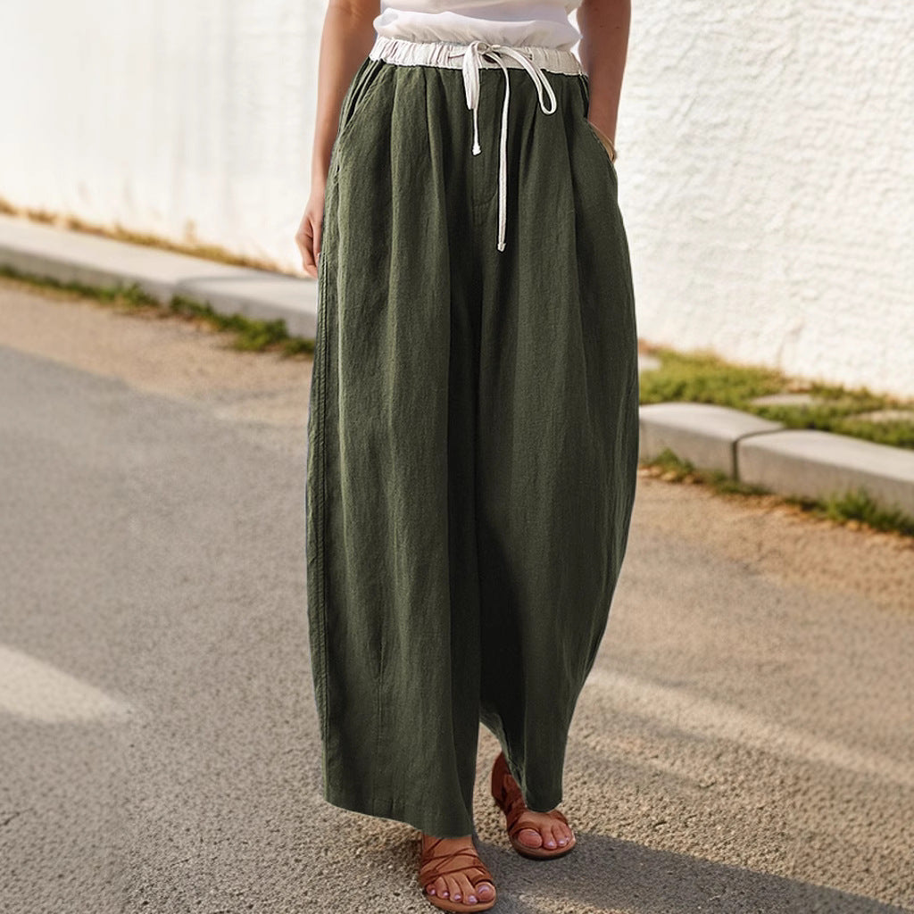 Women's wide-leg linen trousers with elasticated waistband and stylish drawstring NOVAE