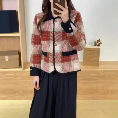 Women's Checkered Blazer Jacket with Removable Pockets and Button Details NOVAE