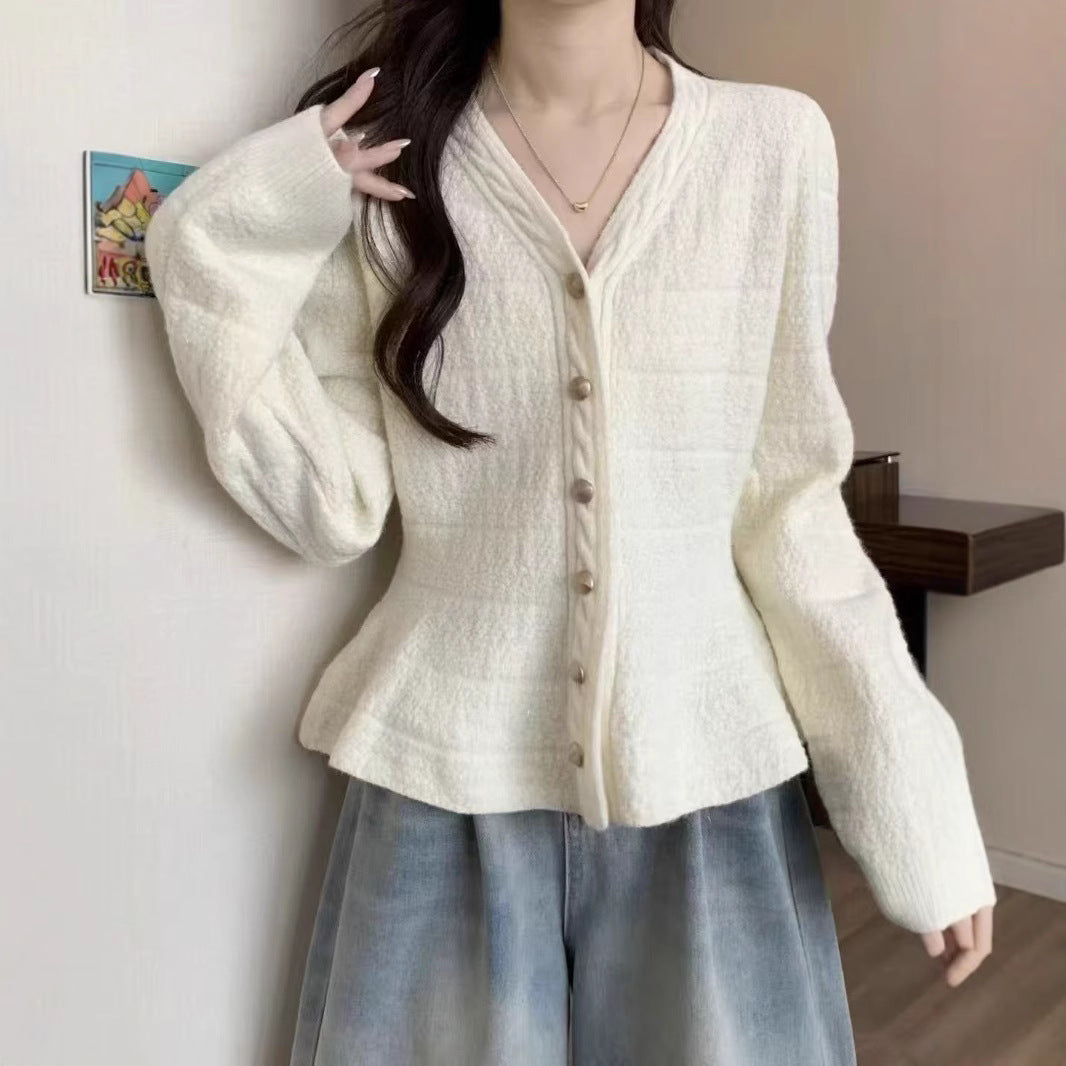 Women's elegant cardigan with structured design and feminine puff sleeves NOVAE