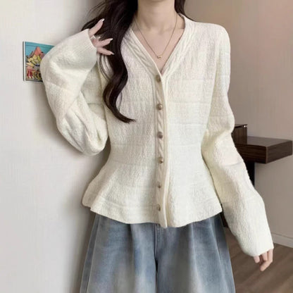 Women's elegant cardigan with structured design and feminine puff sleeves NOVAE