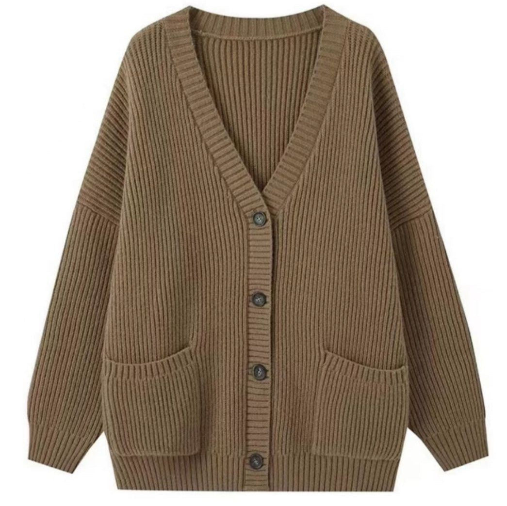 Women's chunky knit cardigan with pockets and deep V-neck NOVAE