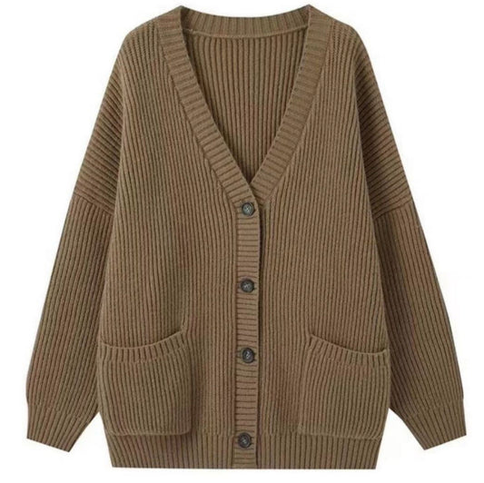 Women's chunky knit cardigan with pockets and deep V-neck NOVAE
