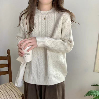 Women's chunky knit sweater with modern cable pattern and high round neckline NOVAE