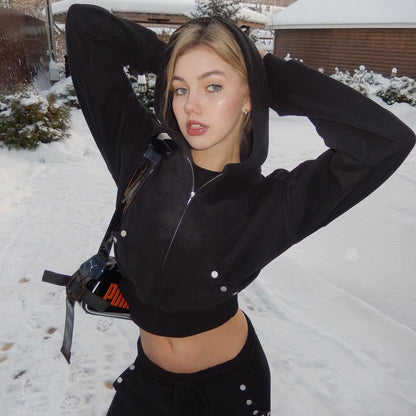 Women's sporty cropped hoodie with innovative snap button details NOVAE