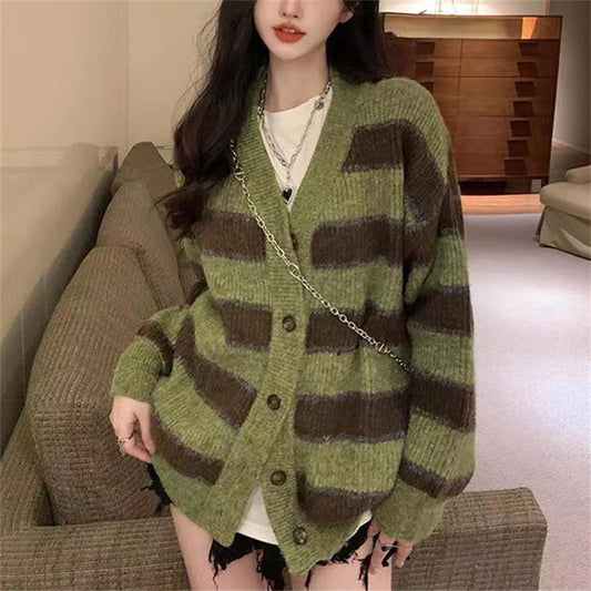 Women's chunky knit cardigan with fashionable striped pattern and casual cut NOVAE