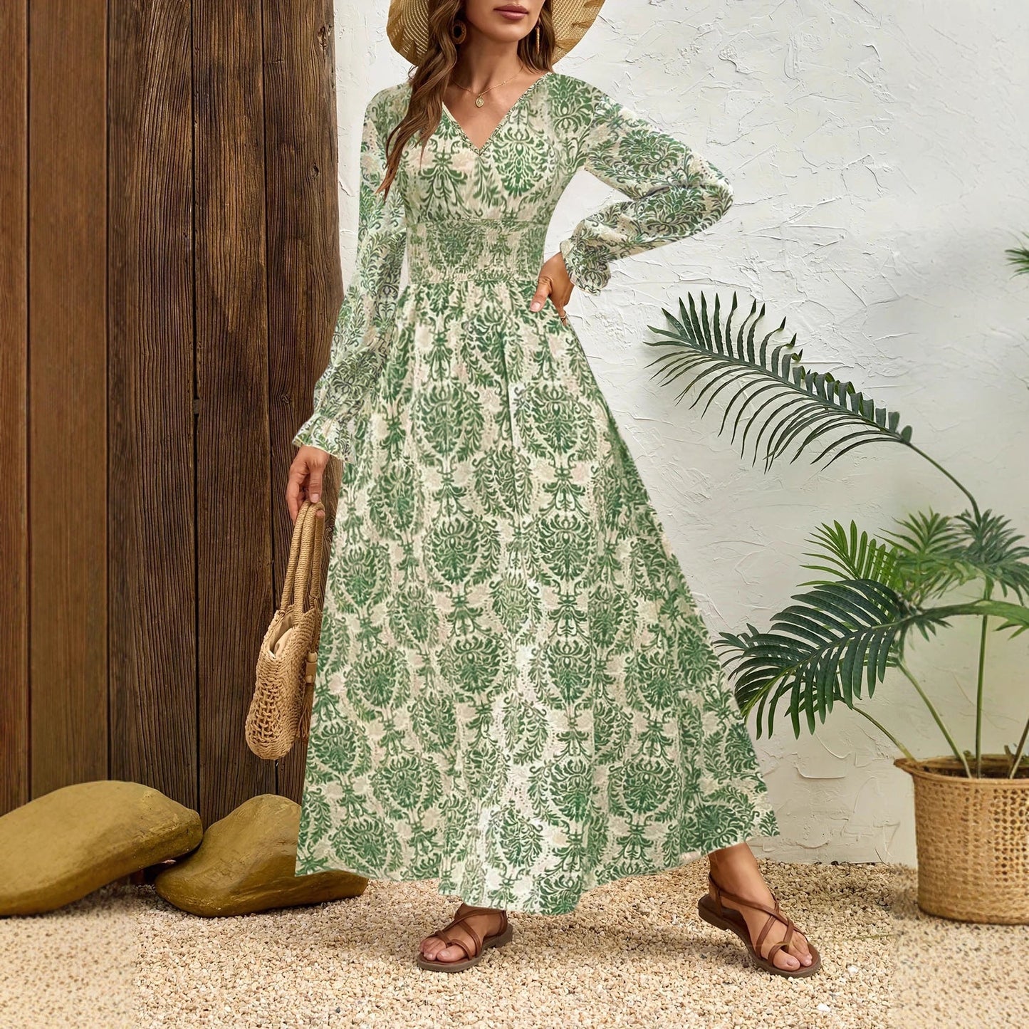 Women's long maxi dress with floral jacquard pattern and voluminous sleeves NOVAE