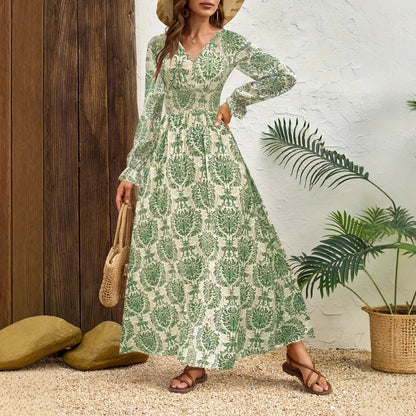 Women's long maxi dress with floral jacquard pattern and voluminous sleeves NOVAE