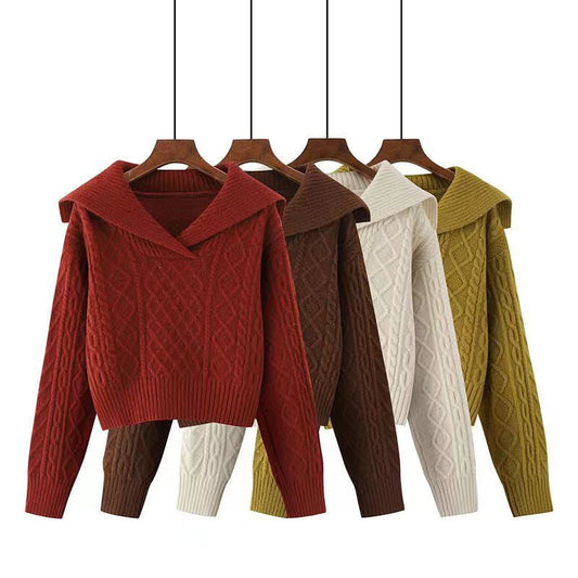 Women's knitted sweater with wide collar and sophisticated cable pattern NOVAE