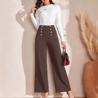 Women's High-Waisted Wide Leg Trousers with Decorative Buttons NOVAE