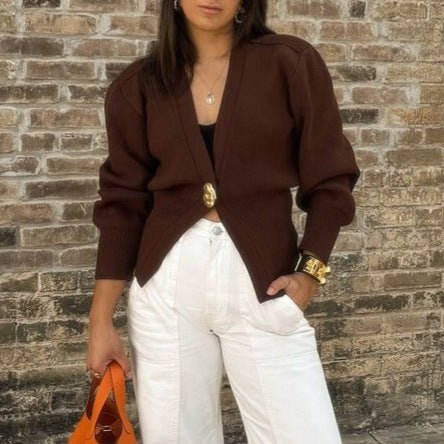 Women's elegant knit cardigan with deep V-neck and decorative button NOVAE