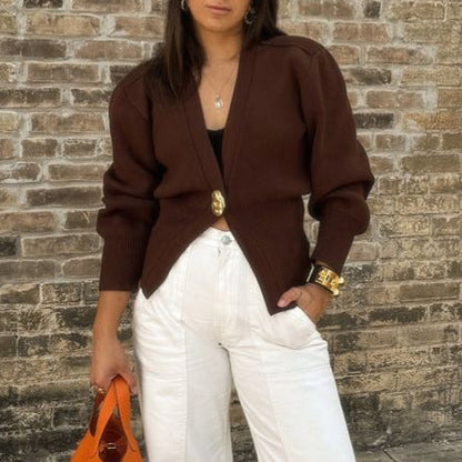 Women's elegant knit cardigan with deep V-neck and decorative button NOVAE