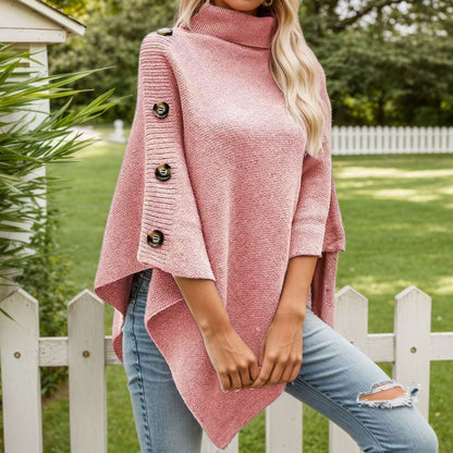 Women's elegant poncho with stand-up collar and decorative buttons NOVAE