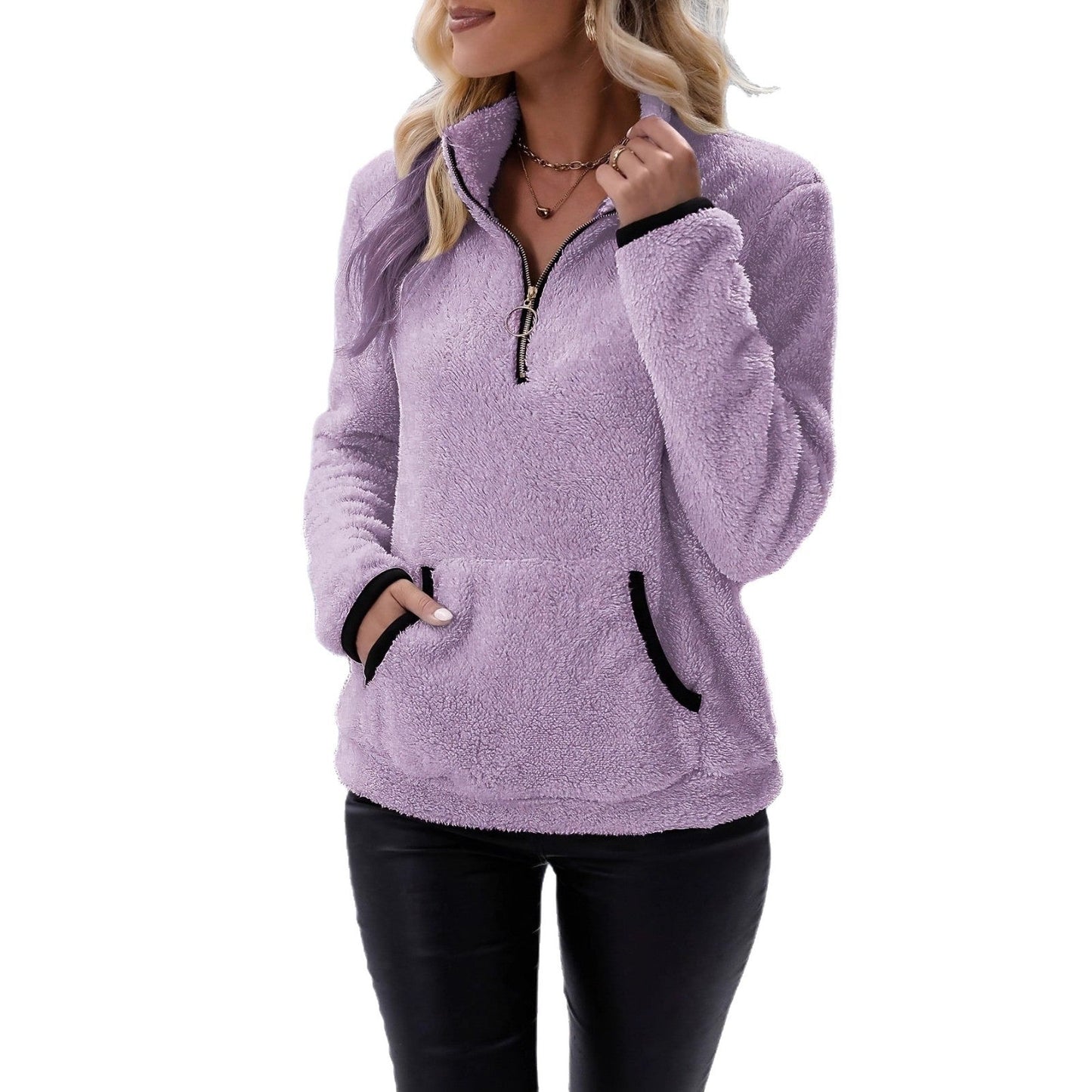 Women's fleece pullover with contrasting pockets and zipper NOVAE