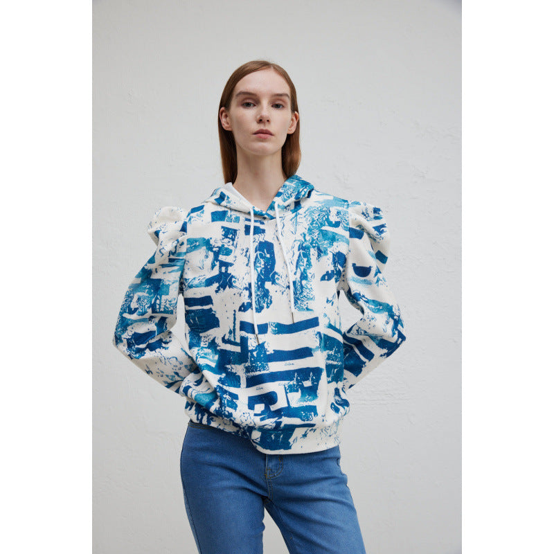 Women's hooded sweatshirt with fashionable ruffle design and creative print NOVAE