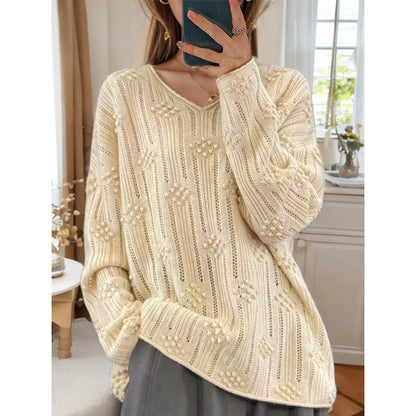 Women's knitted sweater with detailed pattern and V-neck NOVAE