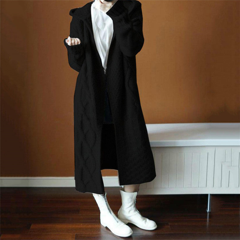Women's Long Knitted Coat with Hood and Cable Pattern NOVAE