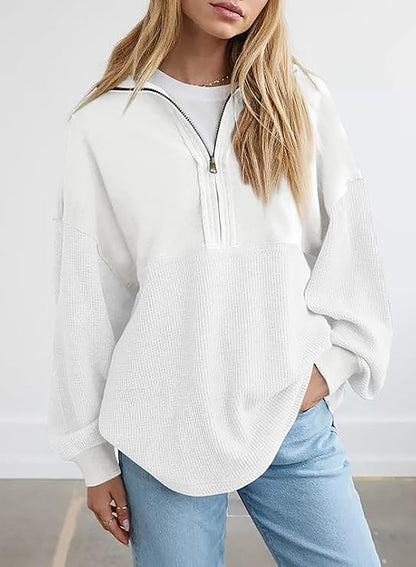 Women's casual hooded sweatshirt with half-length zipper and textured material NOVAE