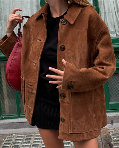 Women's Long Suede Coat with Adjustable Belt and Fashionable Collar NOVAE