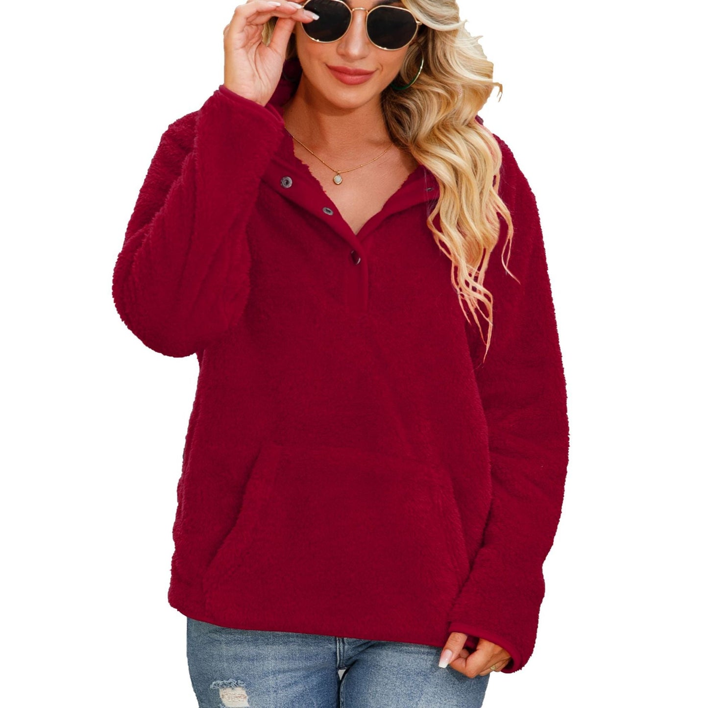 Women's Cozy Fleece Sweater with Button Placket and Kangaroo Pocket NOVAE