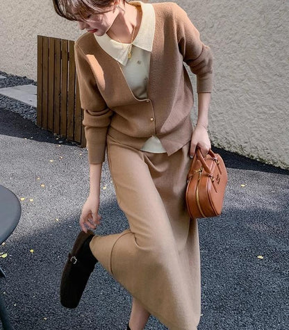 Women's knit ensemble with elegant blouse look and wide skirt NOVAE