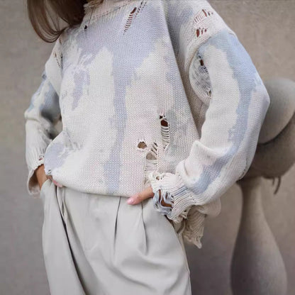 Women's casual oversized sweater with fashionable ripped details and creative color gradient NOVAE