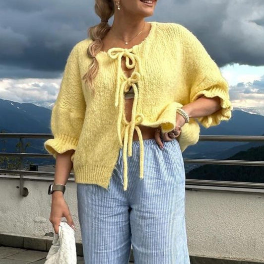 Women's trendy knit cardigan with gathers and ties NOVAE