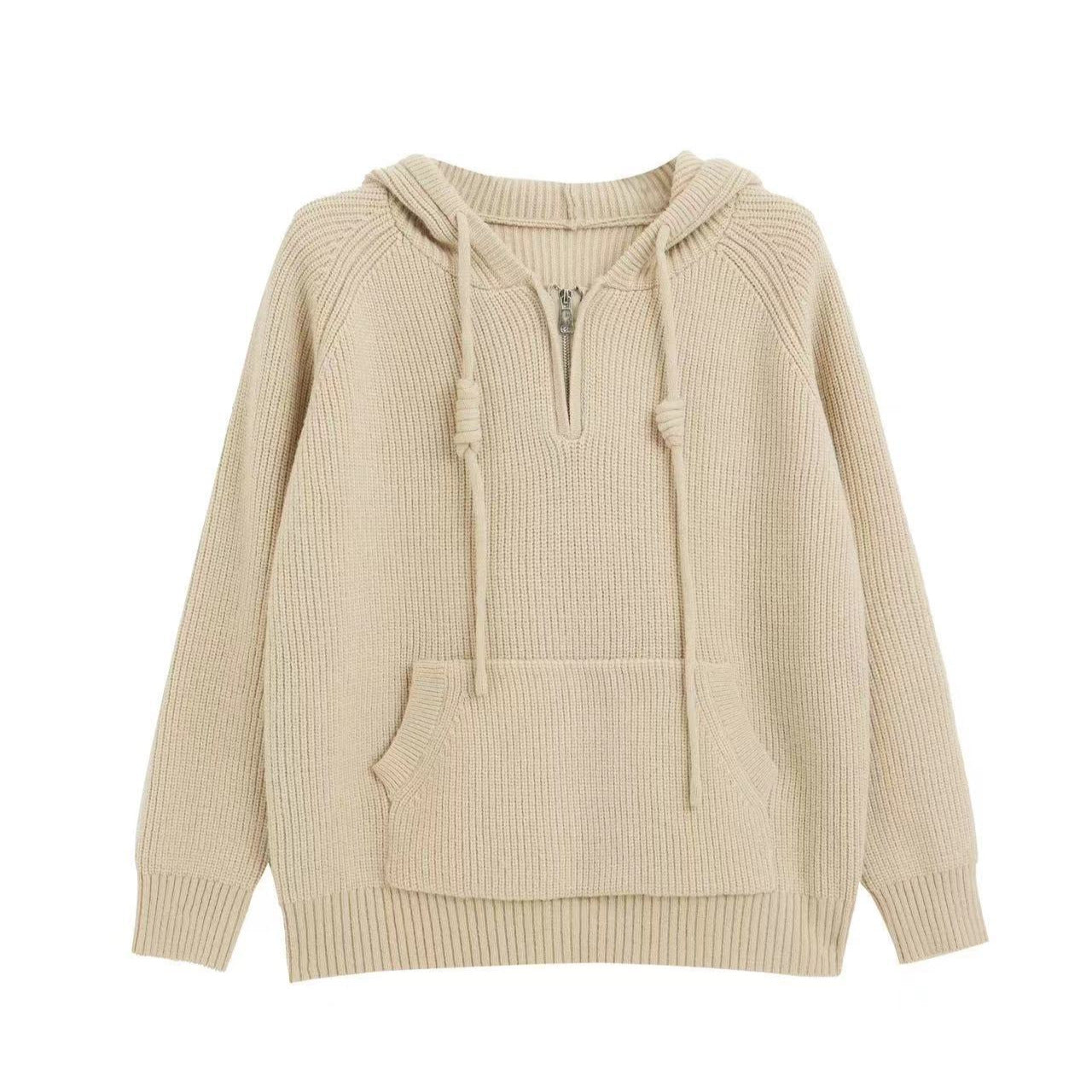 Women's Oversized Knit Sweater with Hood and Practical Zippered Pockets NOVAE