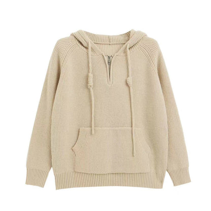 Women's Oversized Knit Sweater with Hood and Practical Zippered Pockets NOVAE