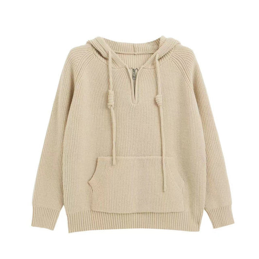 Women's Oversized Knit Sweater with Hood and Practical Zippered Pockets NOVAE