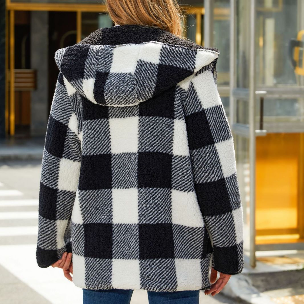Women's Plush Check Jacket with Oversized Fit and Hood NOVAE