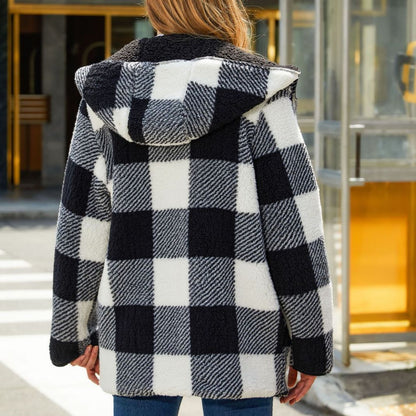 Women's Plush Check Jacket with Oversized Fit and Hood NOVAE