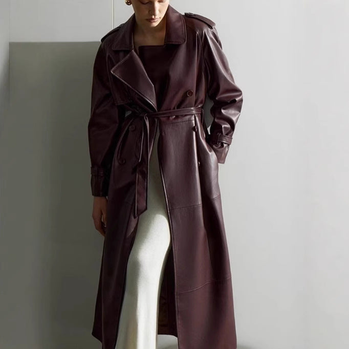 Women's elegant faux leather trench coat jacket with belt and fashionable details NOVAE