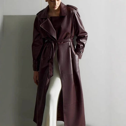 Women's elegant faux leather trench coat jacket with belt and fashionable details NOVAE