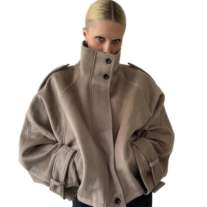 Women's fashionable wool jacket with high collar and button details NOVAE