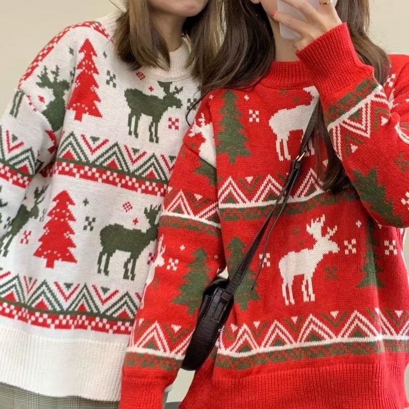 Women's chunky knit sweater with festive reindeer motif and round neckline NOVAE