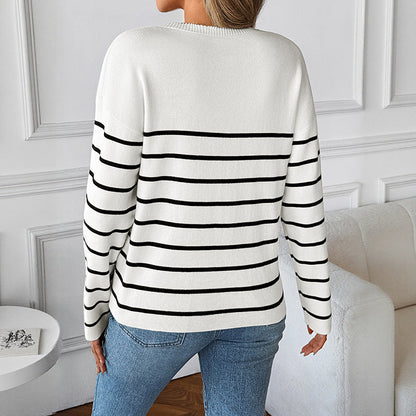 Women's V-neck knit sweater with fashionable striped pattern NOVAE