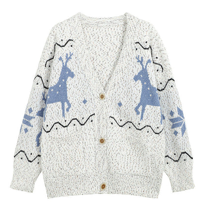 Women's Cozy Cardigan with Reindeer Motif and Pockets NOVAE