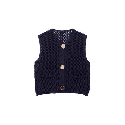 Women's knitted vest with a coarse mesh design and practical pockets NOVAE