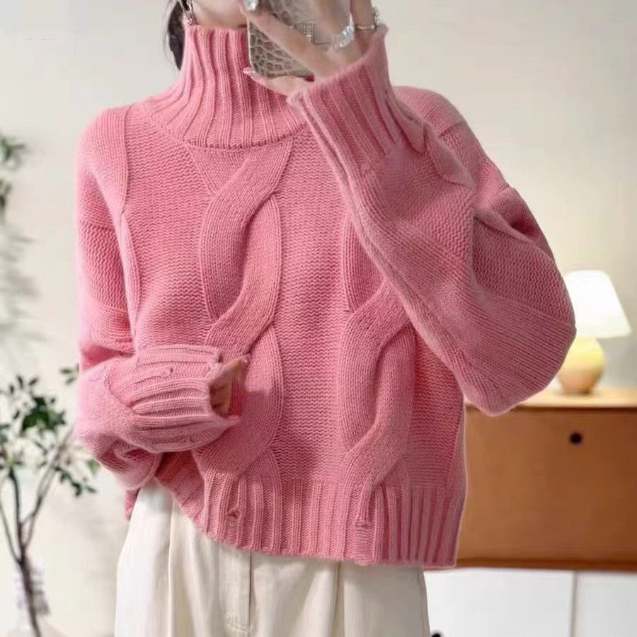 Women's knitted sweater with high collar and cable pattern NOVAE