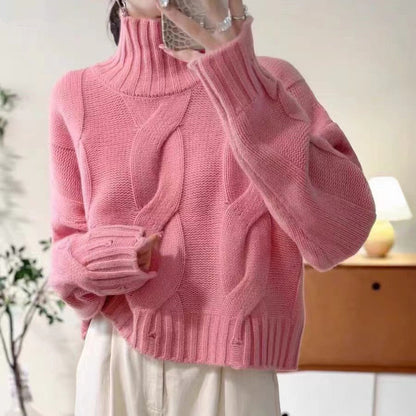 Women's knitted sweater with high collar and cable pattern NOVAE