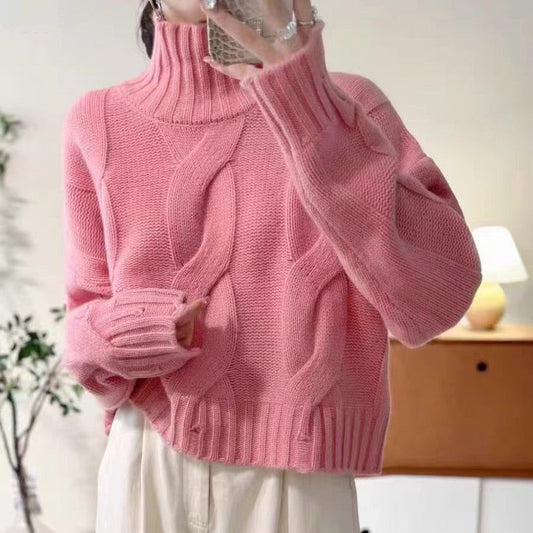 Women's knitted sweater with high collar and cable pattern NOVAE