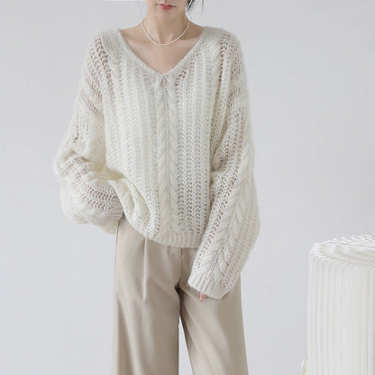 Women's chunky knit sweater with V-neck and airy structure NOVAE