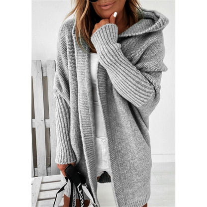 Women's Oversized Knit Cardigan with Hood and Textured Design NOVAE