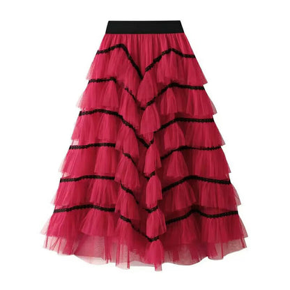 Women's fashionable tulle skirt with multi-layered ruffles and elegant lace accents NOVAE