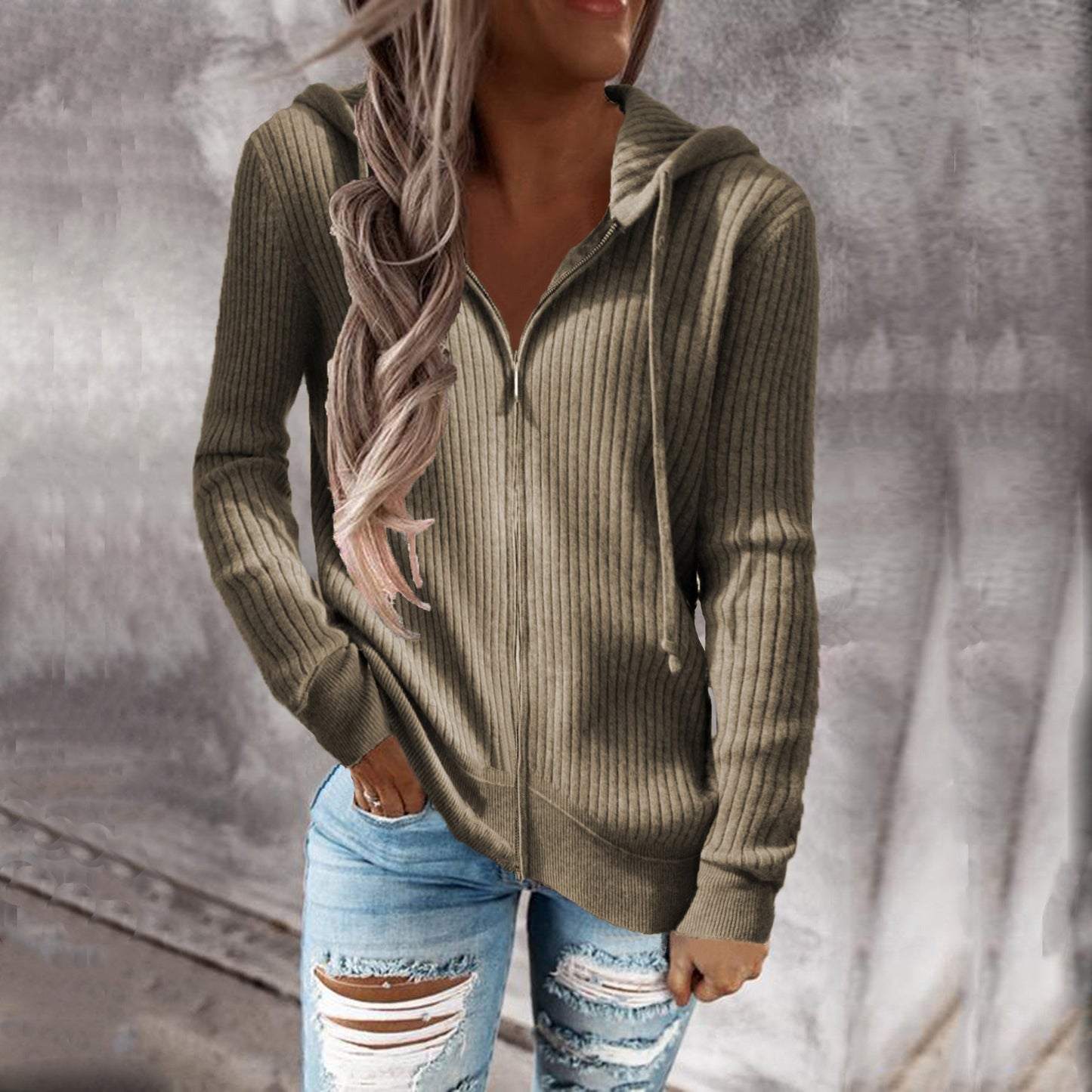 Women's cardigan with hood and ribbed texture NOVAE