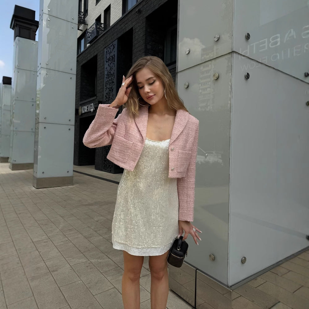 Women's elegant short jacket made of high-quality bouclé with shimmering button details NOVAE