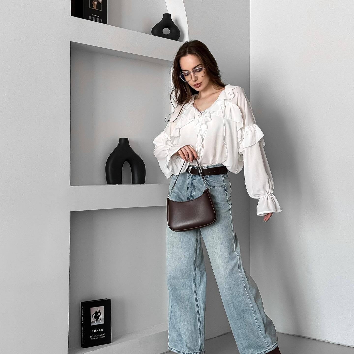 Women's blouse with playful flounce and tie belt NOVAE