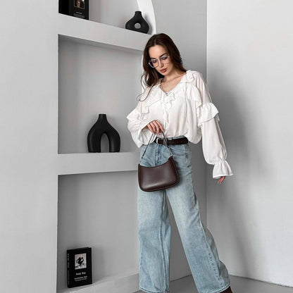 Women's blouse with playful flounce and tie belt NOVAE