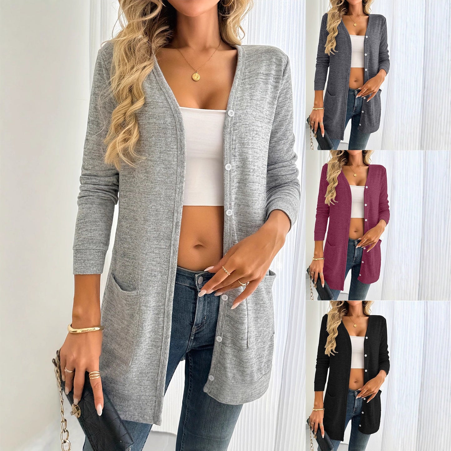 Women's long-sleeved cardigan with practical pockets and button placket NOVAE
